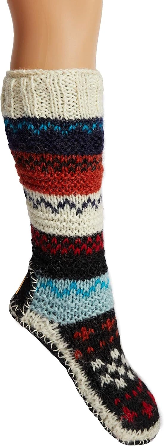 Tibetan Socks Hand Knit Wool Fleece Lined Long 11-12.5 Women/9-10.5 Men, Red