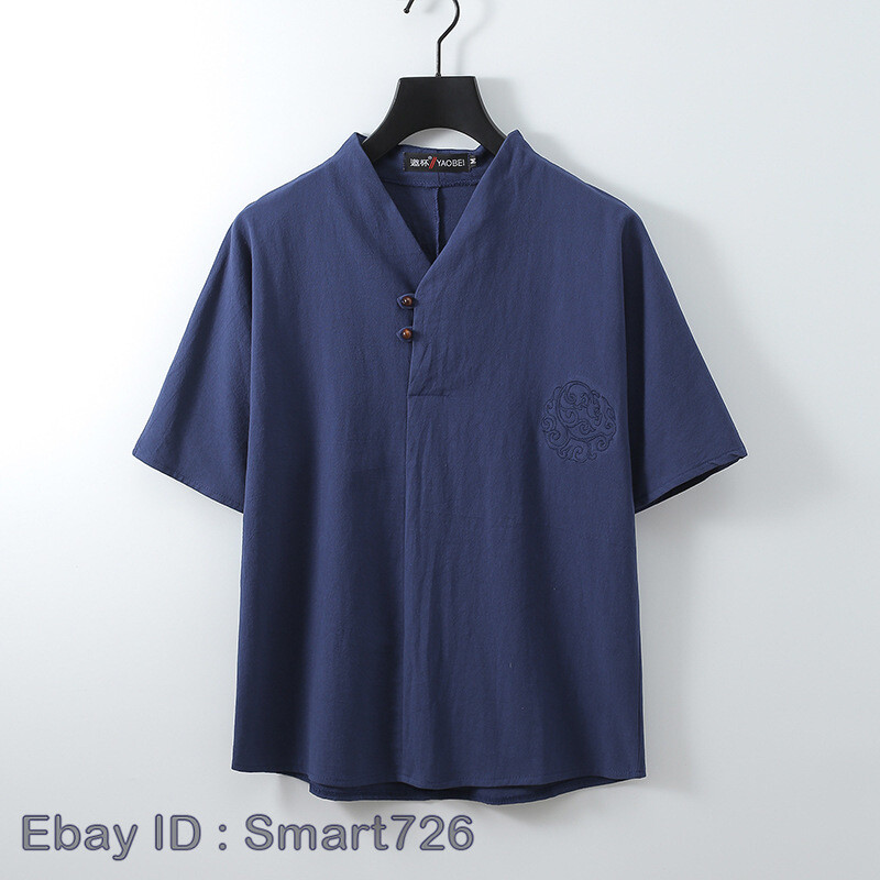 Men Chinese Style Cotton Linen T-shirt Tang Suit V-neck