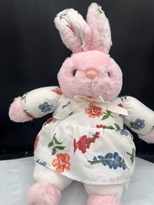 Vintage Pink Plush Stuffed Easter Bunny Floral Print Dress Ears 14" long