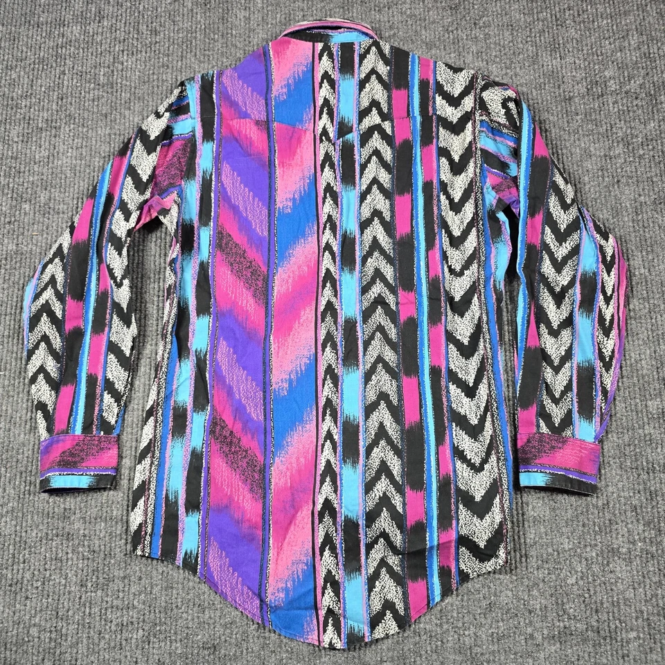 VINTAGE Plainsman Shirt Mens Small Black Pink Blue Western Aztec Geometric 90s - Image 3 of 4