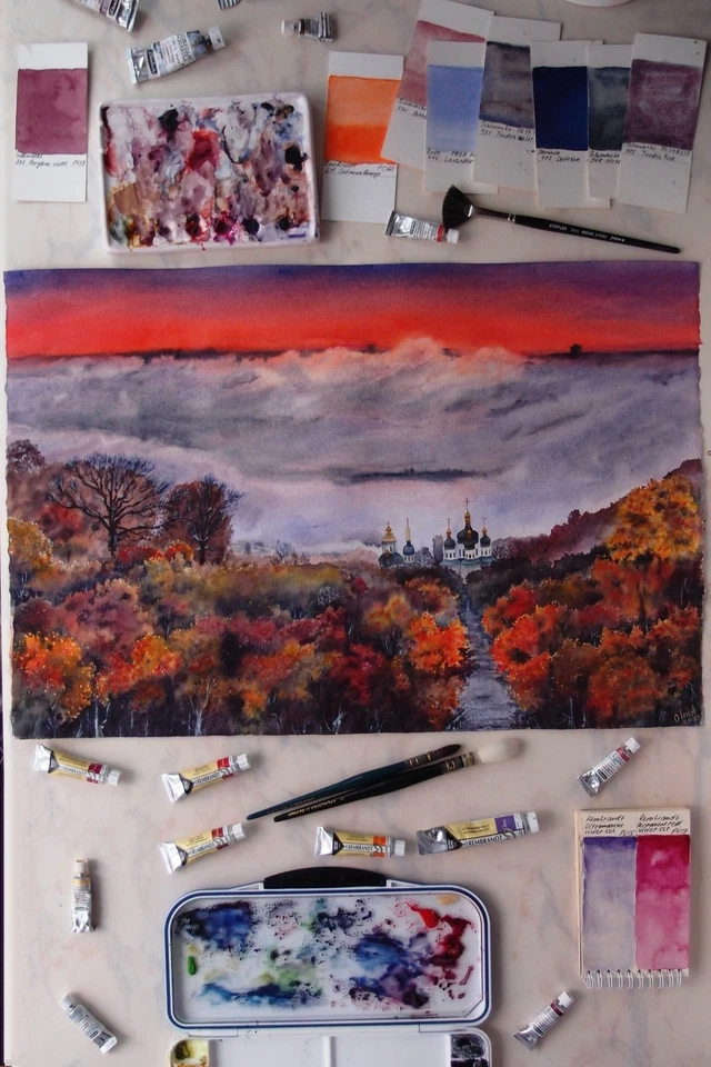 Aquarell Gemälde Nebel Herbst Landschaft Kiew Stadt Haus Geschenk ukrainischer Künstler - Bild 4 von 4