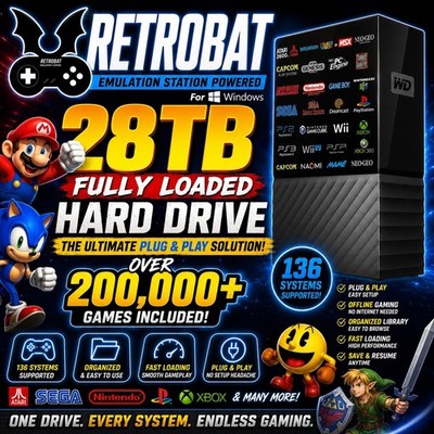 28TB External Gaming Hard Drive Windows Compatible Plug & Play Retro Gaming