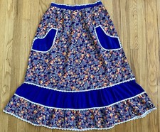 Vintage 70s Blue Floral Peasant Skirt Medium/Large Tiered Ruffled Cotton Blend