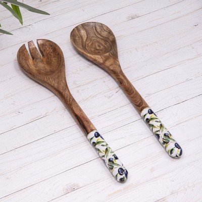 Mangoholz Olive emaillierte Griffe Salat Servier Löffel & Gabel Set