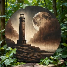 Vintage Lighthouse Moonlight Round Aluminum Sign Coastal