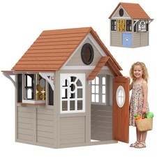 Qaba Gray Wooden Kids Playhouse with Dog Door  Cookware