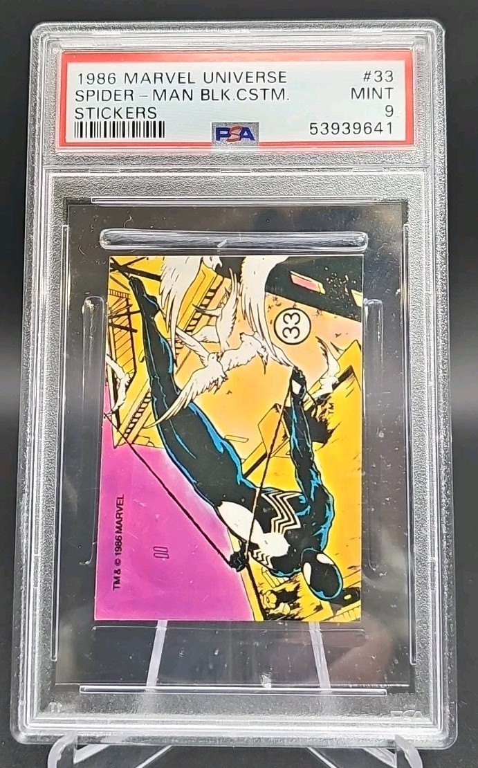 1986 Marvel Universe SPIDER-MAN Comic Images Stickers #33 PSA 9 NM Black Costume