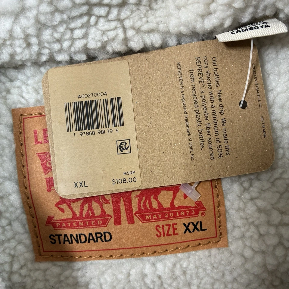 NEW Levi's Sherpa Lined Snap Trucker Jacket 2XL Blue Beige Buffalo Plaid Wool - Image 3 of 4