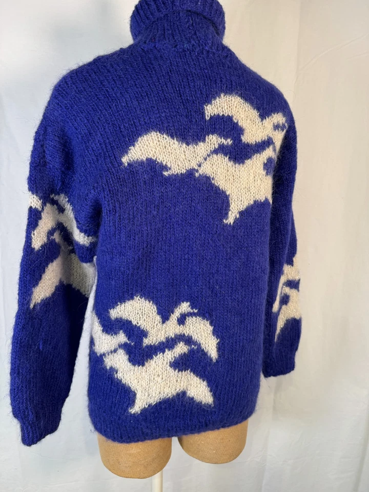 Suéter Mohair Puro Difuso Suave De Colección Azul Blanco Pájaros Tejido a Mano en Canadá Talla M Foto 3 de 4