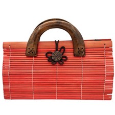 Red Bamboo Slat Handbag w/ Wood Handles Made in Thailand Boho Coastal Resort Bag