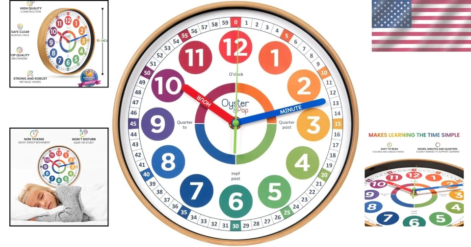 Reloj de aprendizaje silencioso para niños de 10 pulgadas - Divertido diseño analógico para aulas y dormitorios Foto 2 de 4