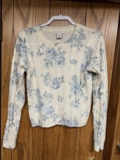 Cream Blue Floral Print Cable Sweater Size S