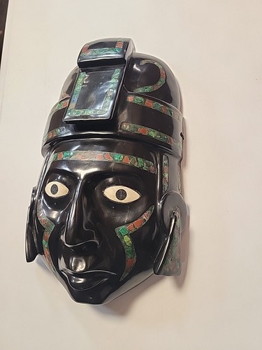 Replica Maschera Teotihuacan Ossidiana e Intarsiata con Varie Pietre Maya Aztec Messico - Foto 5 di 8