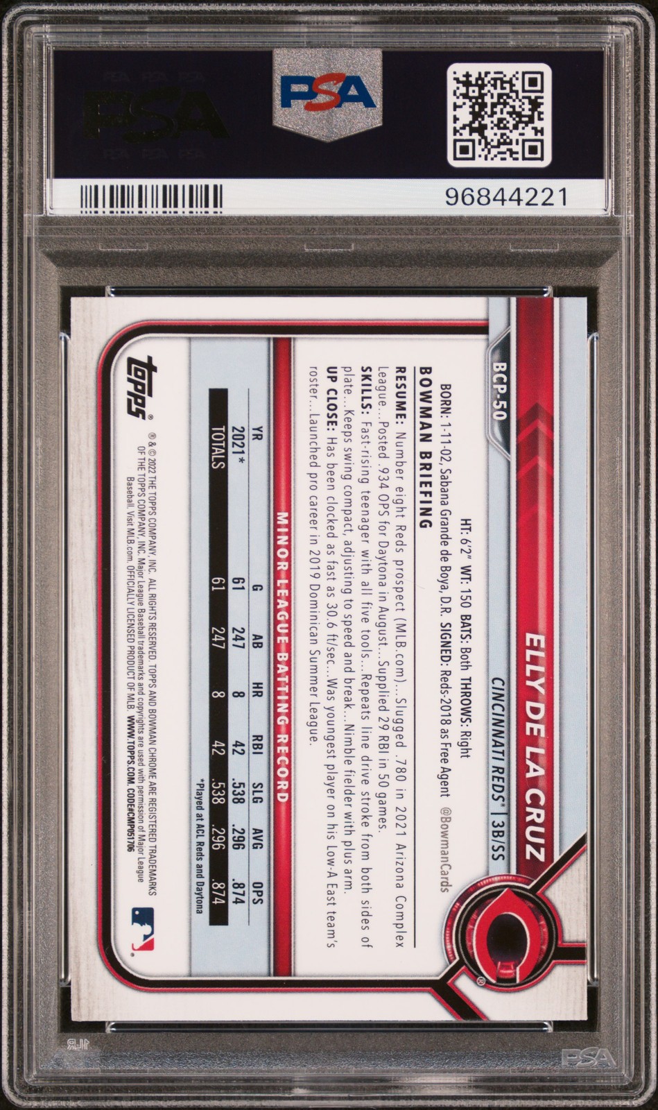 Elly De La Cruz 2022 Bowman Chrome Prospects #BCP-50 PSA 10 Cincinnati Reds view 2