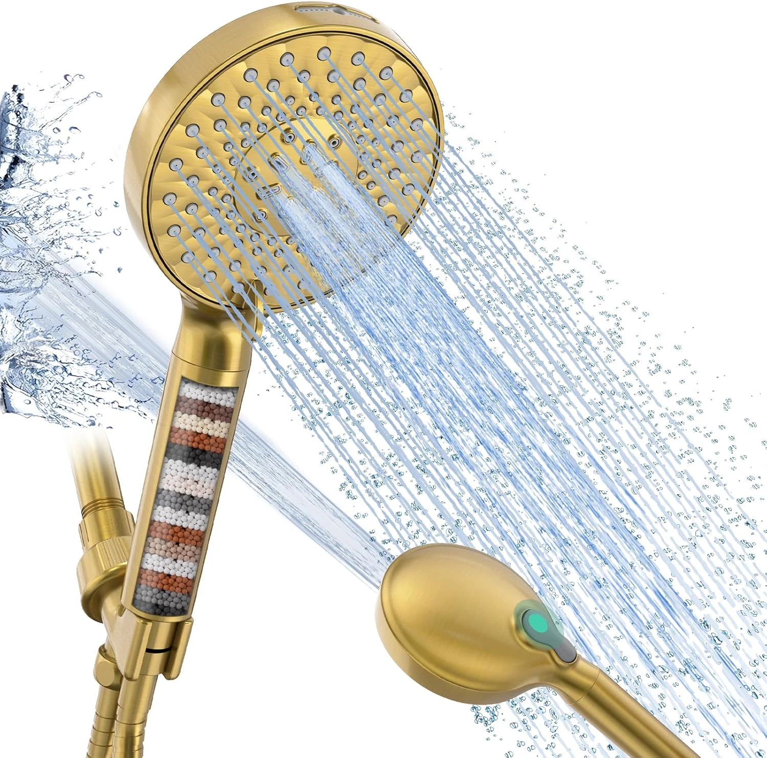 Filtered Handheld Shower Head 9 Spray Modes Brushed Gold