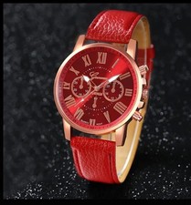LADIES WATCH - Red Face - Golden Rose Tone Case - red Faux Leather Strap