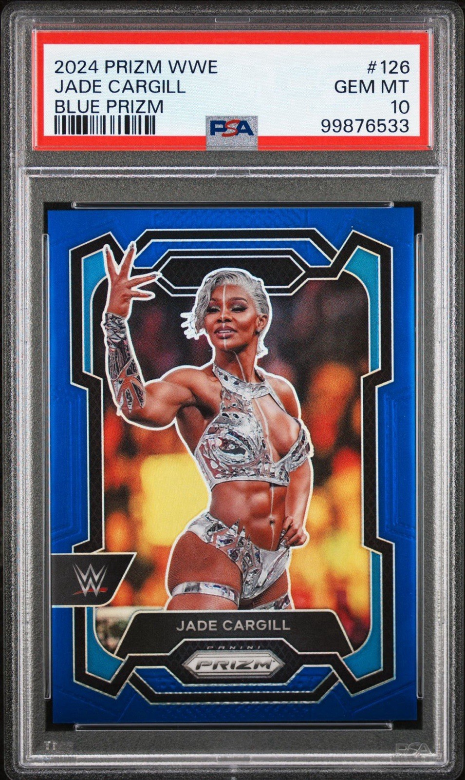 Jade Cargill 2024 Panini Prizm WWE #126 Blue Prizm /199 SP PSA 10