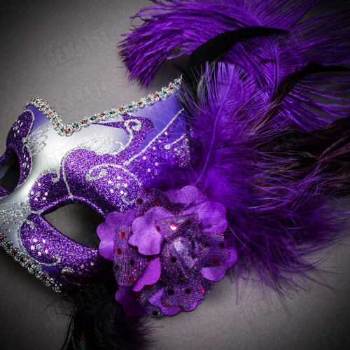 Women Female Face Masquerade Prom Luxury Party Mask Costume with Purple Feather - Picture 4 of 7