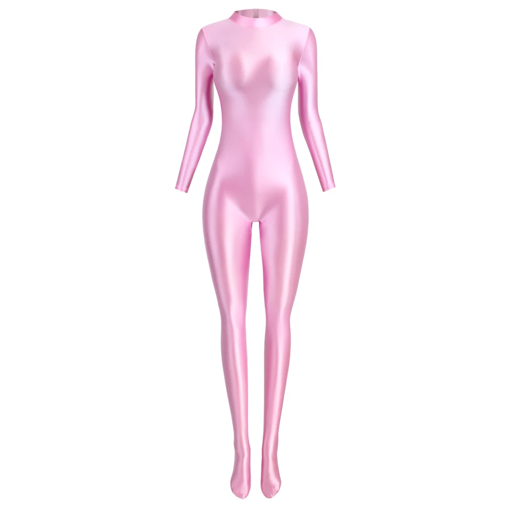 MJINM Women's Stretch Gloss Silky Jumpsuits Sport Bodysuit Short zipper Overall - Picture 27 of 30
