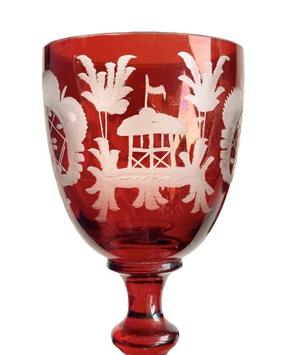 19th Century Bohemian Cordial Glasses Ruby Flashed & Engraved pair deer - Picture 7 of 10