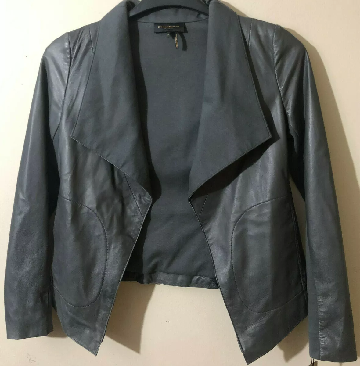 $595 Donna Karan Womens 100% Genuine Leather Jacket Open Front Icon Gray Sz  XS | eBay