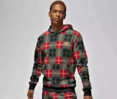 Nike Air Jordan Essential Plaid Red Black Gold Hoodie DV1578-687, Men's 2XL
