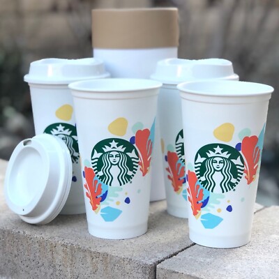 Lot of 4 Starbucks Summer 2020 Tropical Floral Reusable White Hot Cups 16oz  | eBay