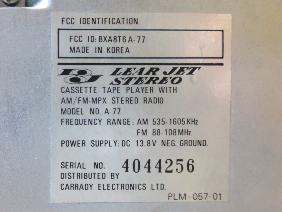 Stereo 8 A-250 Car Radio Lear Jet Stereo 8; Detroit, MI later Tucson