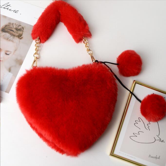 Women Heart Shape Shoulder Crossbody Bag Faux Fur Handbag Girl