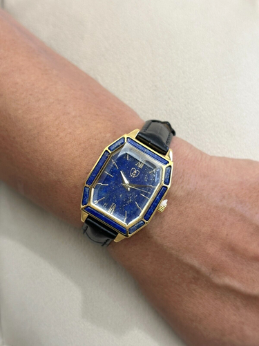 Orologio Stile Art Déco Lapislazzuli Acciaio Inox/Tono Oro con Cinturino in Pelle - Foto 3 di 8