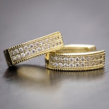 14K Gold Plated Iced Sterling Silver Post CZ Huggie Hoops Earrings For Men