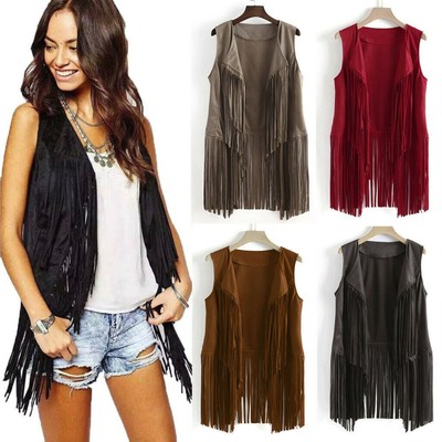 Women's artificial suede ethnic sleeveless tassel vest cardigan-