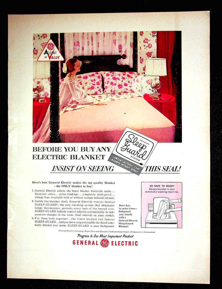 GE Electric Blanket with Sleep-Guard, Pink, Four Poster, 1962 H&G