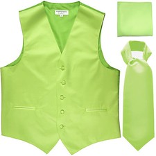 New Men's Lime green vest Tuxedo Waistcoat ascot hankie formal wedding prom