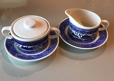   Vintage Blue Willow Transfer Ware Sugar Bowl w/Lid, Creamer  2 Plates 6  USA