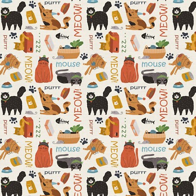 Feline Drive Fabric HERE KITTY KITTY Meow Cream - Sold by the Yard