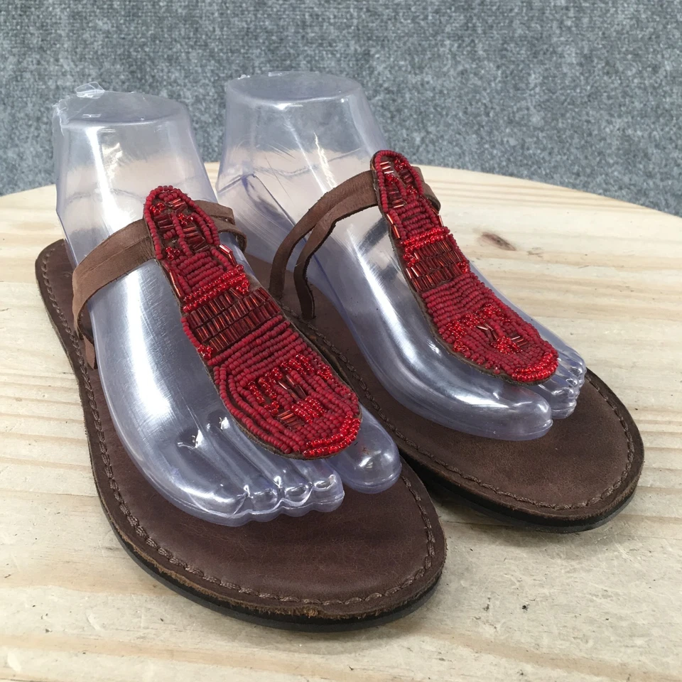 Sandalias Abercrombie & Fitch Mujer 9-10 Tanga Cuero Marrón Cuentas Planas Informales Foto 3 de 4