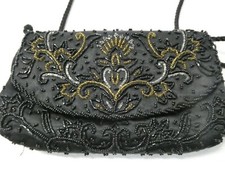 Black Satin with Beaded Accents Evening Bag with Flap Closure