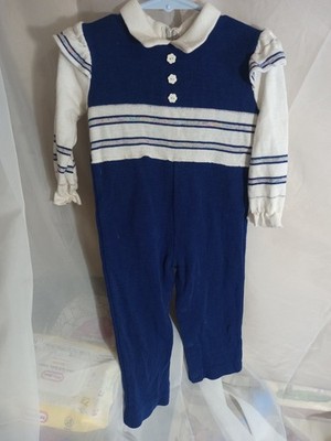 Bull Frog Knits Blue White Striped Knit Coverall One-Piece Acrylic Collared 24M