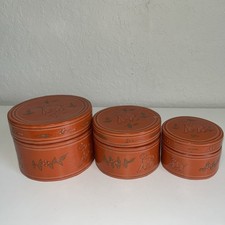 3 Vintage Round Burmese Lacquer Nested Betel Boxes elephants 4.5&rdquo;x 6&rdquo; largest