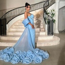 Sky Blue Party Dress Sequin Beaded 3D Flower Mermaid Night Dress Pleats Dress