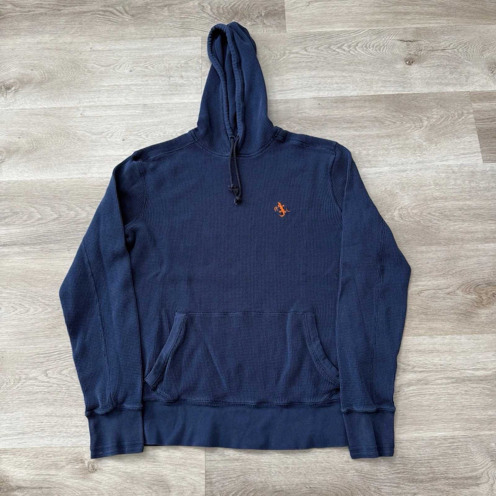 VTG Polo Ralph Lauren Hoodie Men's Size L Waffle Knit Cotton RRL RL Sweater Blue