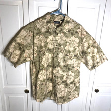 Puritan Men's L Large 100 Cotton Hawaiian Aloha Floral Shirt Khaki Green Beige
