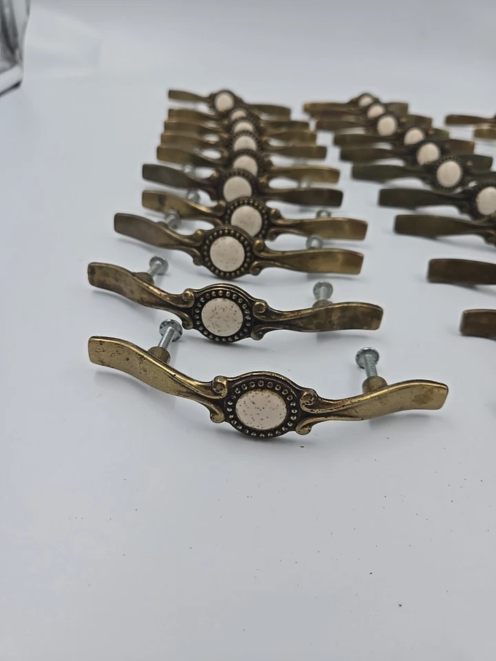 Vtg Amerock Lot of 32 Brass & Ceramic Drawer Door Handles 5" Speckles 1960s - Image 2 of 4