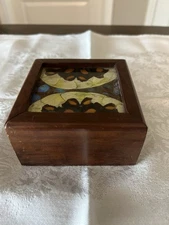 Vintage MCM Wooden Trinket/Jewel Box With Decorative Glass- Wood Dowel Closure