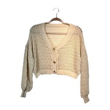 Cream Cropped Open Knit Cardigan Sweater V-Neck Button Front Boho Indie Light XL