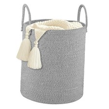 Large Woven Laundry Basket Hamper,Cotton Rope Storage Baskets 60L White/Blue