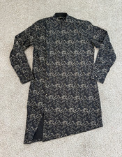 Men s Indian Kurta Sherwani Black Gold Floral Wedding Formal 32 Traditional