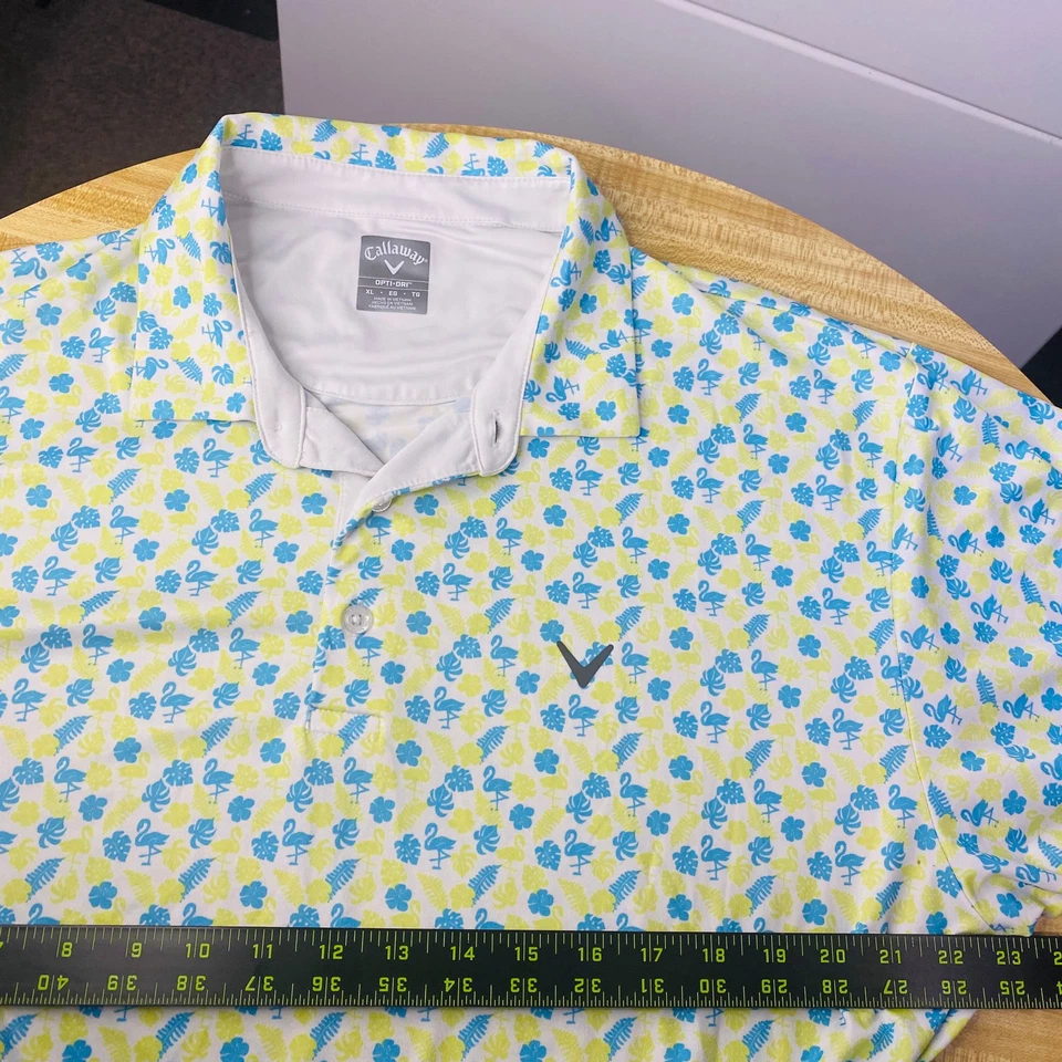 Callaway Mens Opti-Dri Polo Golf Shirt XL Flamingo Tropical All Over Print Green - Image 3 of 3