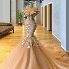 Off Shoulder Evening Dress Long Luxury Mermaid Bead LaceChampagne Elegent Formal